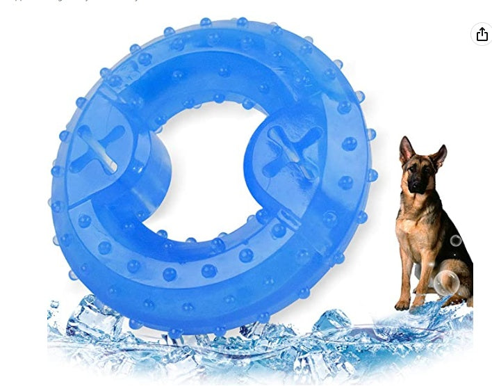 Dog cooling toy teething ring with blue textured design for summer.