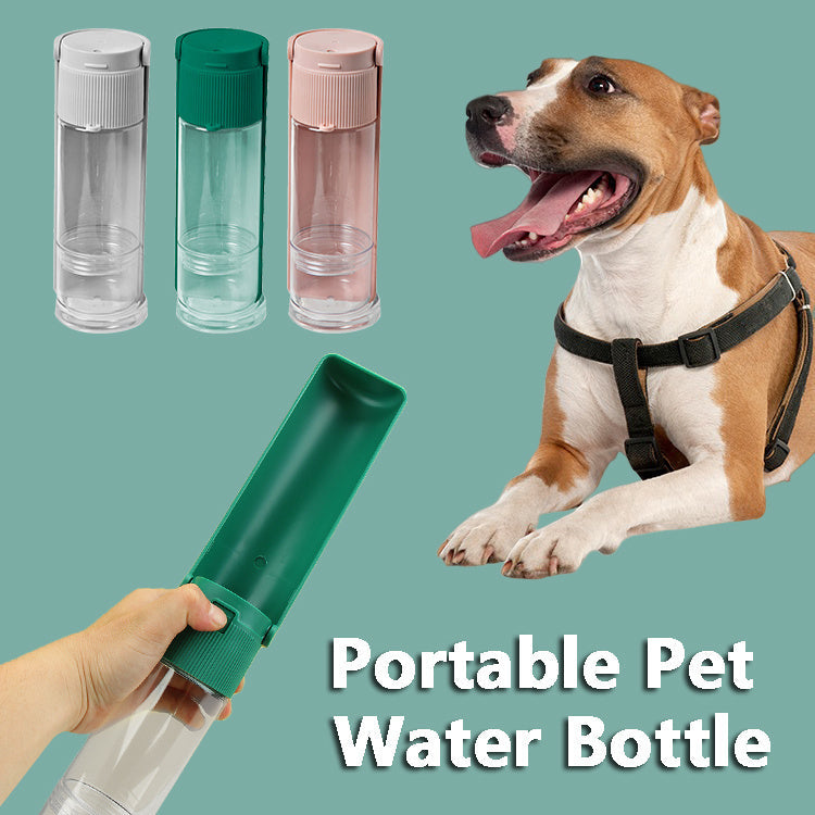 Portable pet water bottle for dogs and cats in various colors with easy-to-use design for outdoor travel.