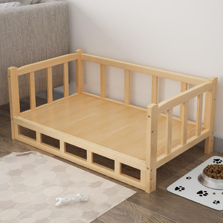 Wooden pet dog bed with an open rail design and wooden floor, ideal for summer.