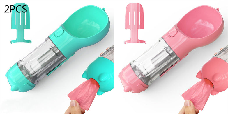 Portable pet water bottle with built-in feeder and garbage bag storage, in lake blue and pink colors.