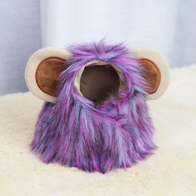 Purple lion mane pet hat with ears for Christmas, ideal for small cats and dogs.