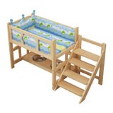 Nightstand integrated DIY pet bed with steps and sea pattern bedding.