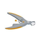 Pet nail trimmer clipper with LED light and magnifying glass in yellow and gray.