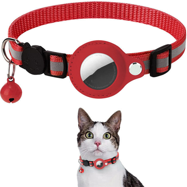 Reflective waterproof collar with Airtag holder, red nylon, suitable for pets.