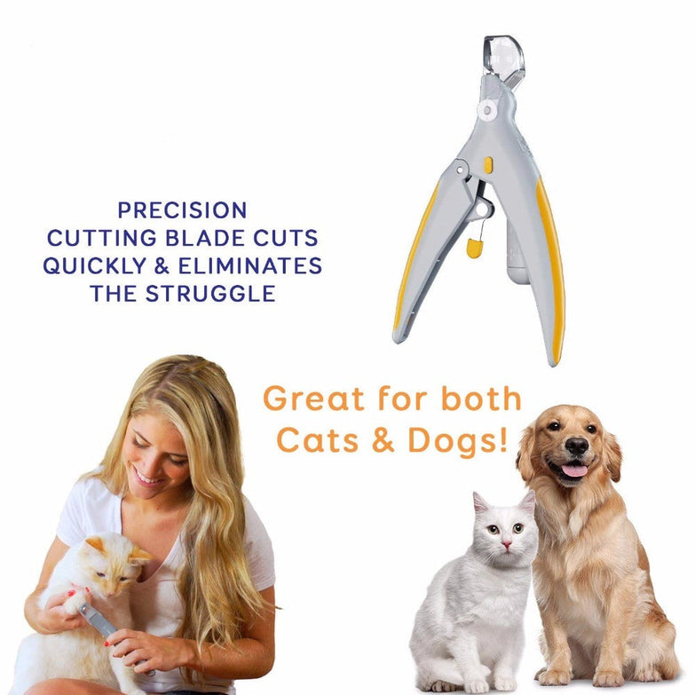 Pet nail trimmer with LED lights for cats and dogs, featuring precision cutting blade.