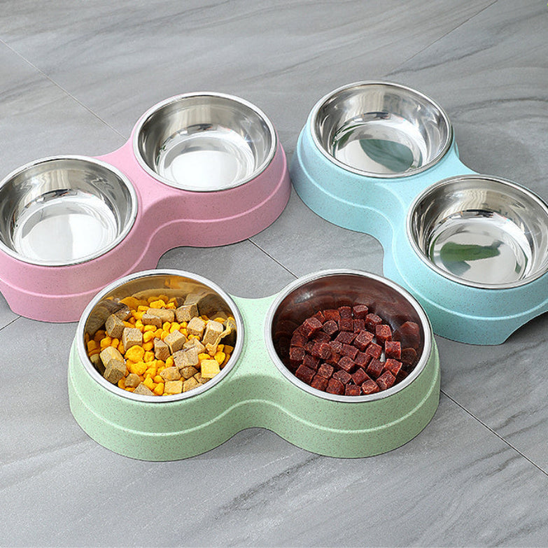 Double pet bowls with stainless steel inserts in blue, green, and pink for food and water.