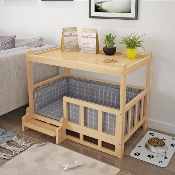 Nightstand integrated DIY pet bed with gray plaid design, featuring a wooden structure and pet accessories.