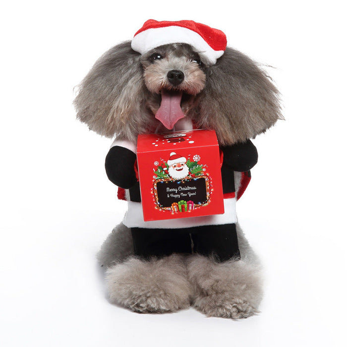 Funny dog in cosplay pet outfit with Santa hat and red gift box, ideal for Christmas or Halloween events.