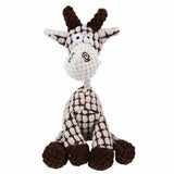 Plush giraffe dog toy with squeaker for play and dental health.