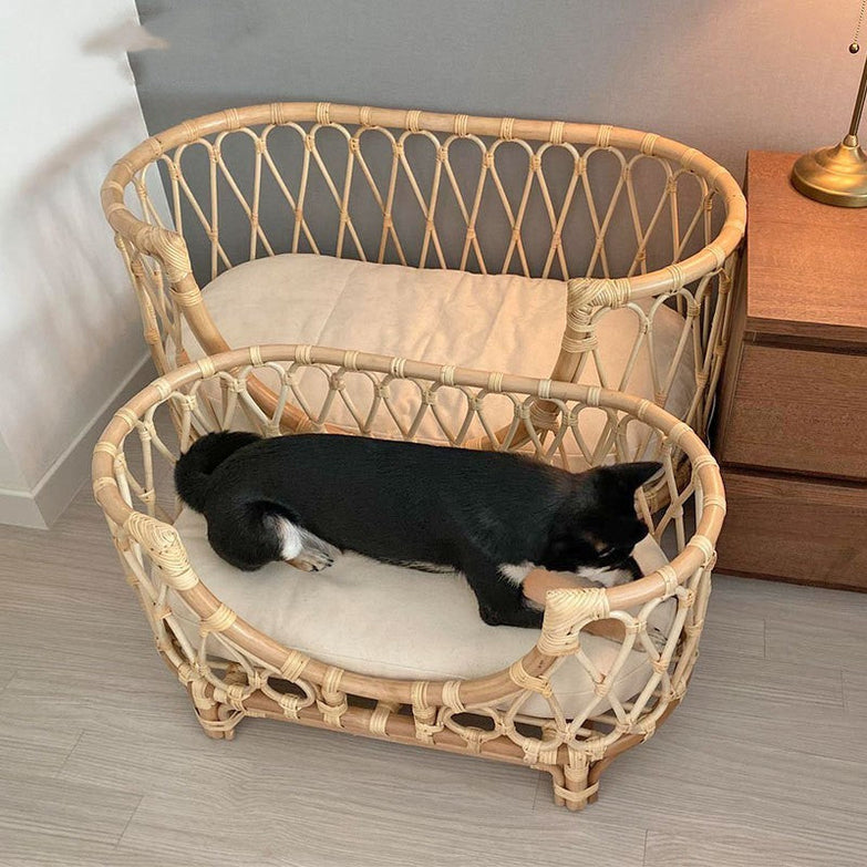 Handmade rattan woven pet bed sofa for dogs, featuring a cozy design suitable for small to large pets.