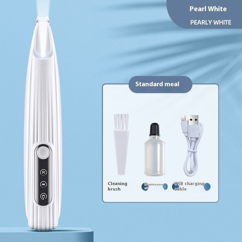 Efficient LED pet hair clipper in pearl white with accessories including cleaning brush and USB charging cable.