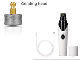 Rechargeable USB pet nail grinder with grinding head and USB cable.