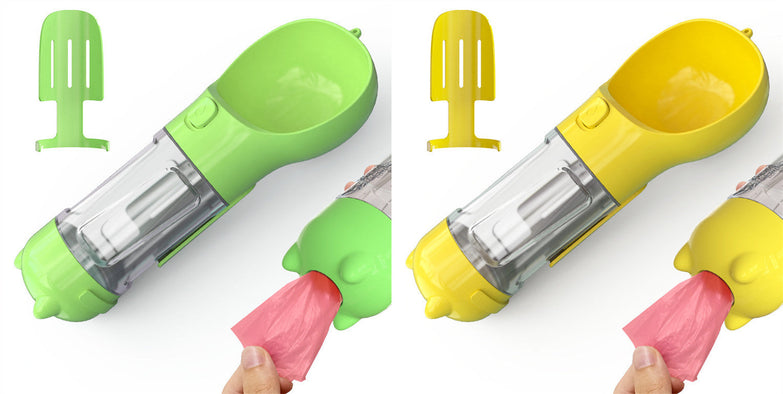 Portable pet water bottle with integrated feeder and garbage bag storage, green and yellow.