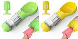 Portable pet water bottle with integrated feeder and garbage bag storage, green and yellow.