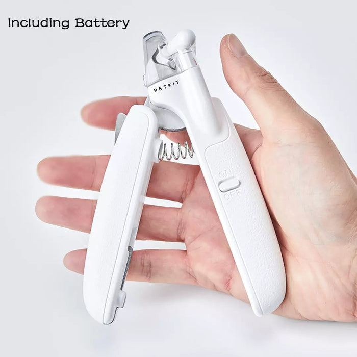 Professional pet nail clipper with LED light, stainless steel blade, and transparent baffle design.