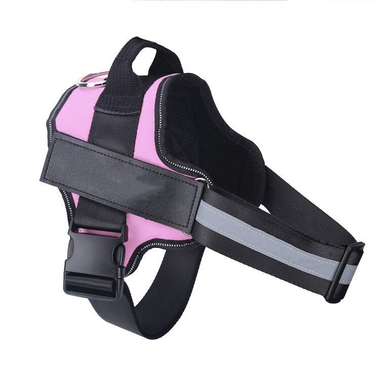 Reflective pink no-pull personalized dog harness with adjustable straps and buckle.