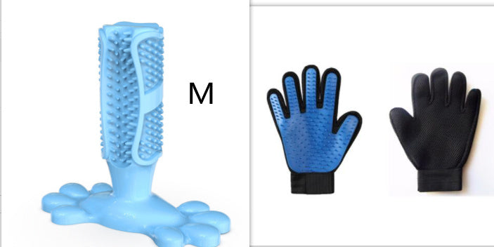 Dog molar toy in medium size with blue rubber texture and cleaning gloves.