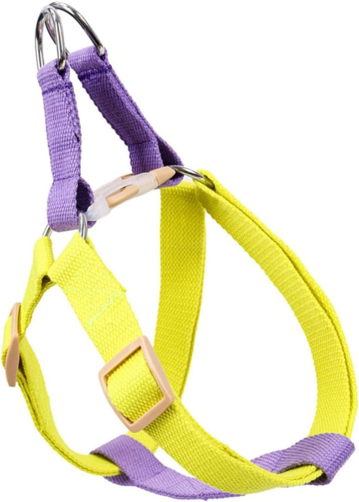 Dog harness and leash set in yellow and purple, nylon material for small breeds.