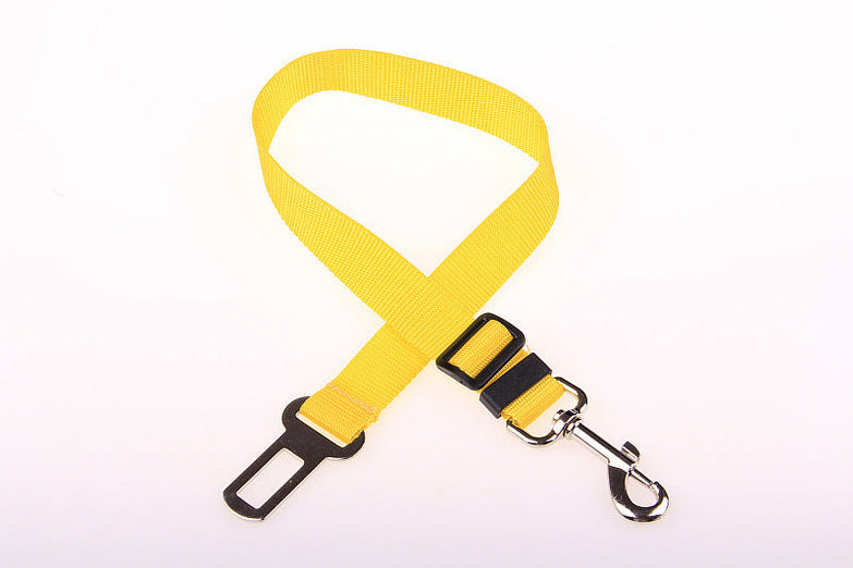 Yellow fixed strap polyester dog leash with metal clip and seatbelt buckle.