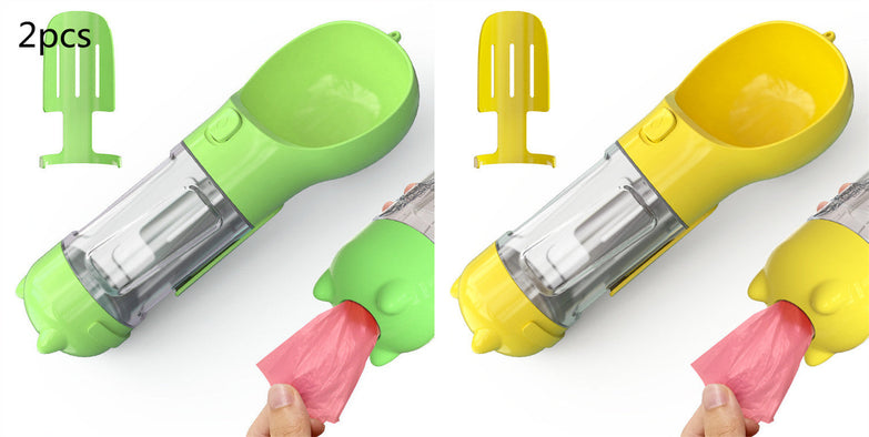 Portable pet water bottle with feeder bowl and garbage bag storage in green and yellow, designed for outdoor travel.