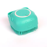 Silicone dog bath massage glove brush for pet grooming with shampoo holder.