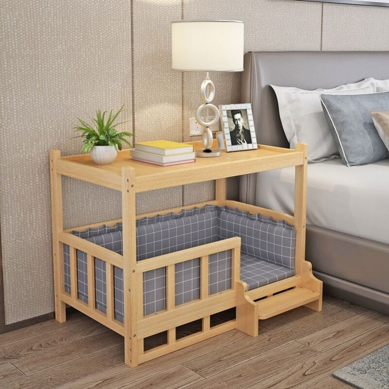 Nightstand integrated DIY pet bed with gray plaid cushion next to bed.