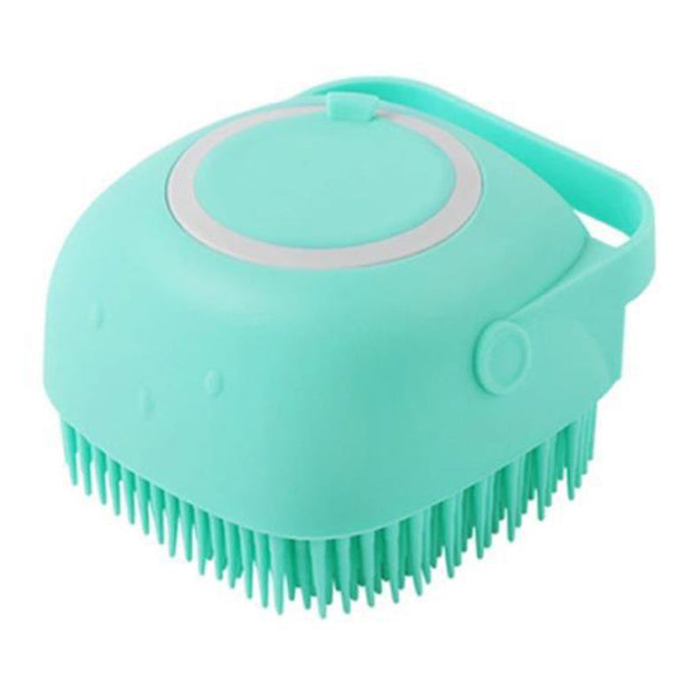 Silicone dog bath massage glove brush for pet grooming.