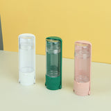 Portable pet water dispensers in white, green, and pink; lightweight travel bottles for dogs and cats.