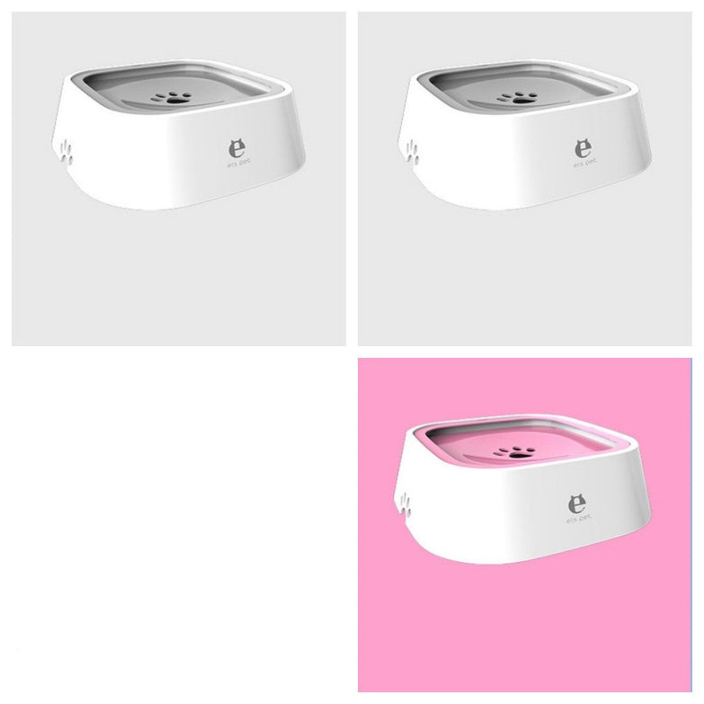 1.5L cat and dog water bowl with anti-overflow design in white and pink options.