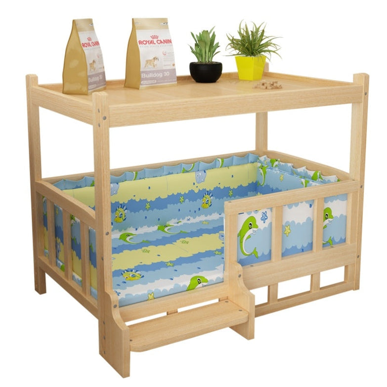 Nightstand integrated DIY pet bed with blue sea design and wooden frame.