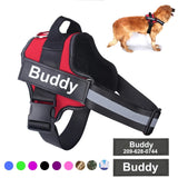 Personalized red no-pull dog harness with reflective straps and custom patch.