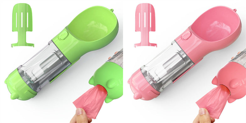 Portable pet water bottle with integrated food box and garbage bag storage in green and pink.