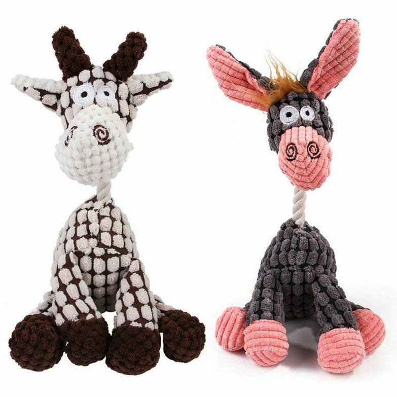 Plush dog toy for play and teeth cleaning with squeaker, giraffe and donkey shapes.