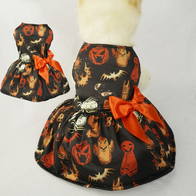 Halloween Small Dog Clothes Pet Dress Pumpkin Print Dress Chihuahua Yorkie Mesh Dress Pet Party Clothing Cat Dog Costume