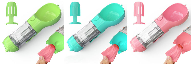 Portable pet water bottle feeder with waste bag dispenser in green, turquoise, and pink; ideal for outdoor travel.