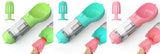 Portable pet water bottle feeder with waste bag dispenser in green, turquoise, and pink; ideal for outdoor travel.