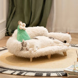 Wooden pet bed for cats, luxury design, in gentle milky white with velvet and plywood materials.