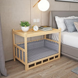 Nightstand with integrated DIY pet bed, luxury model with gray plaid bedding, suitable for small spaces.