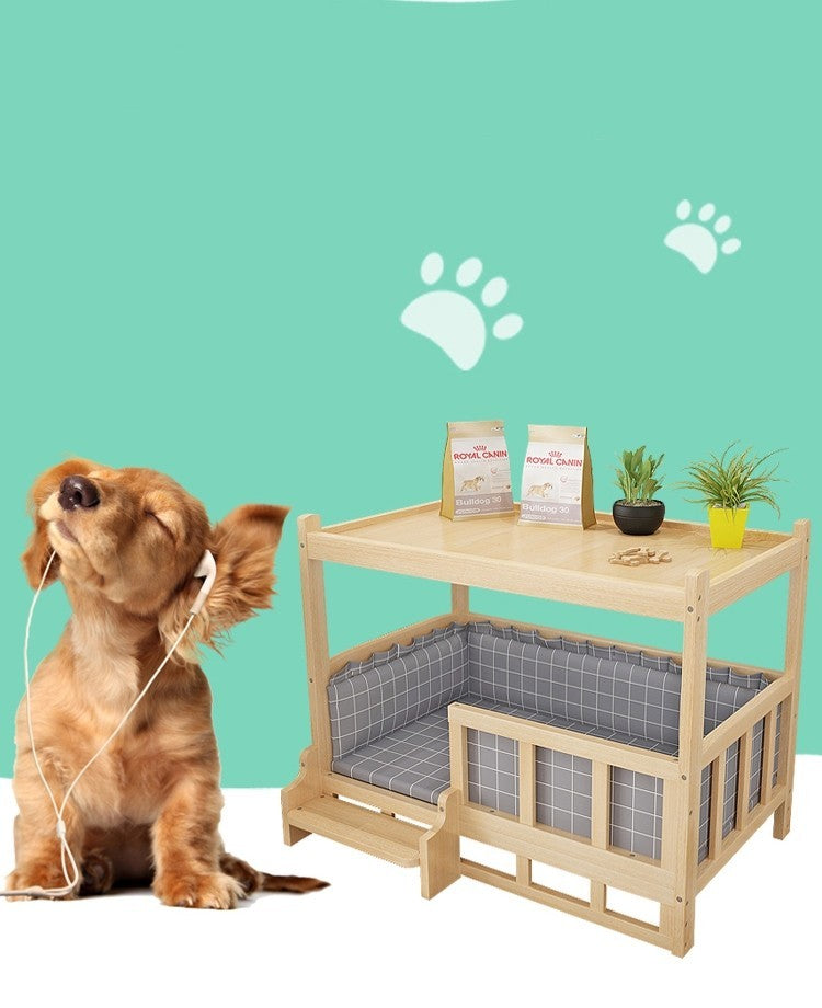 Nightstand integrated DIY pet bed with wooden frame and plaid cushioning, featuring a cute dog and plant decor.