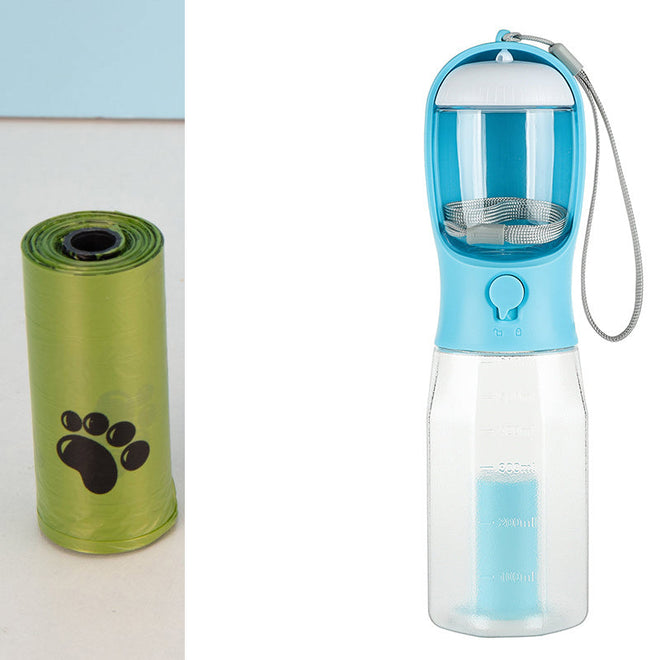 Portable cat dog water bottle with poop bag dispenser, turquoise, multifunctional pet feeder.