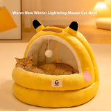 Warm winter lightning mouse cat nest with cozy fleece lining for comfort.