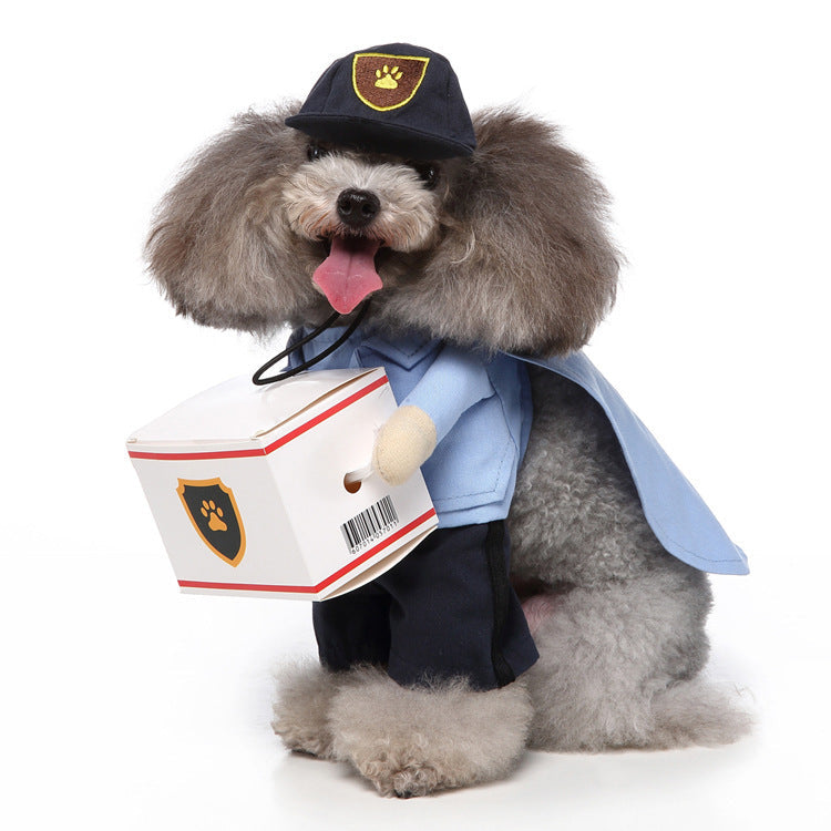 Cute dog wearing a cosplay outfit with hat, clothes, and cloak, perfect for Halloween or Christmas.