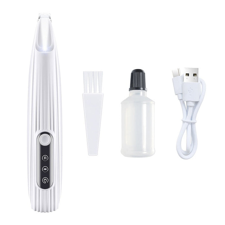 Efficient LED shaving pet clipper with accessories including cleaning brush and charging cable.