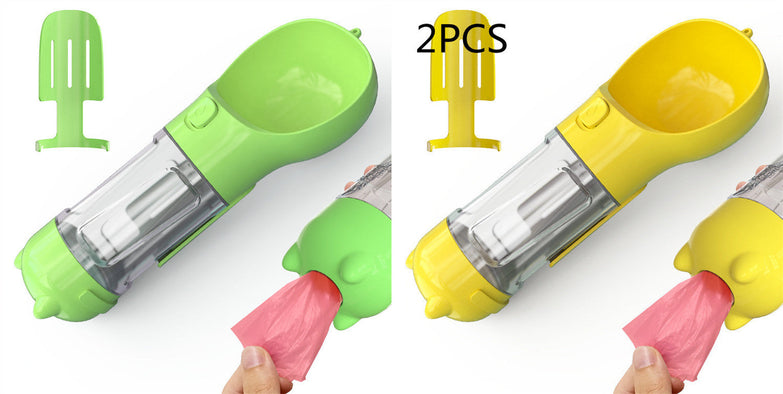 Portable pet water bottle with feeder bowl, garbage bag storage, and two color options in green and yellow, ideal for outdoor travel.