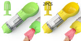 Portable pet water bottle with feeder bowl, garbage bag storage, and two color options in green and yellow, ideal for outdoor travel.