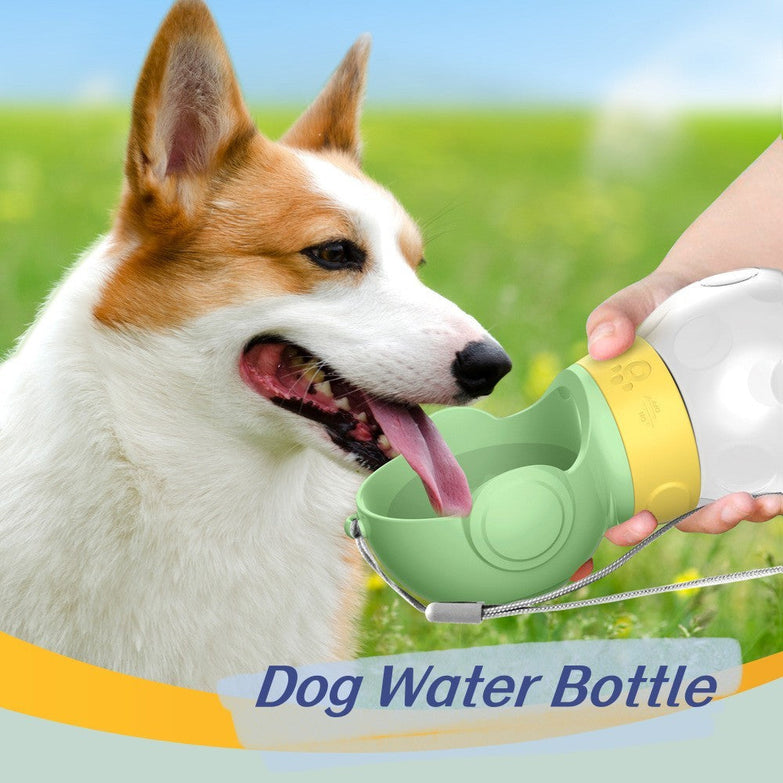 Portable dog water bottle with built-in bowl for travel and outdoor use.