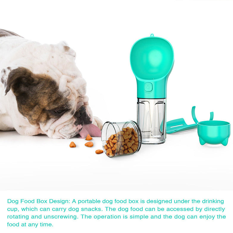 Portable 3-in-1 pet water bottle with feeder bowl and garbage bag storage, ideal for travel.