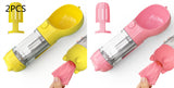 Portable pet water bottle with feeder, garbage bag storage, and bowl in yellow and pink for travel.