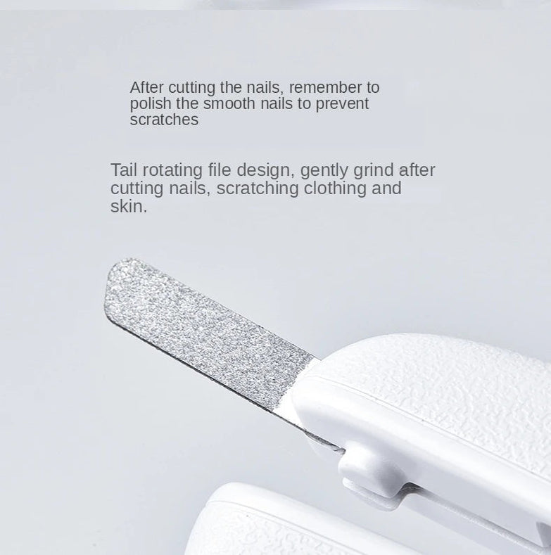 Professional pet nail clipper with LED light, hidden file feature, stainless steel cutter, and transparent baffle design.