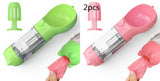 Portable pet water bottle with feeder and garbage bag storage, green and pink designs.